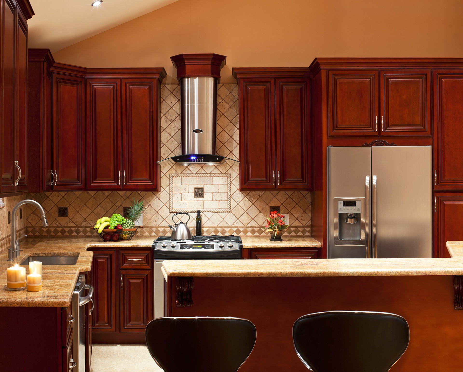 tile backsplash ideas for cherry cabinets