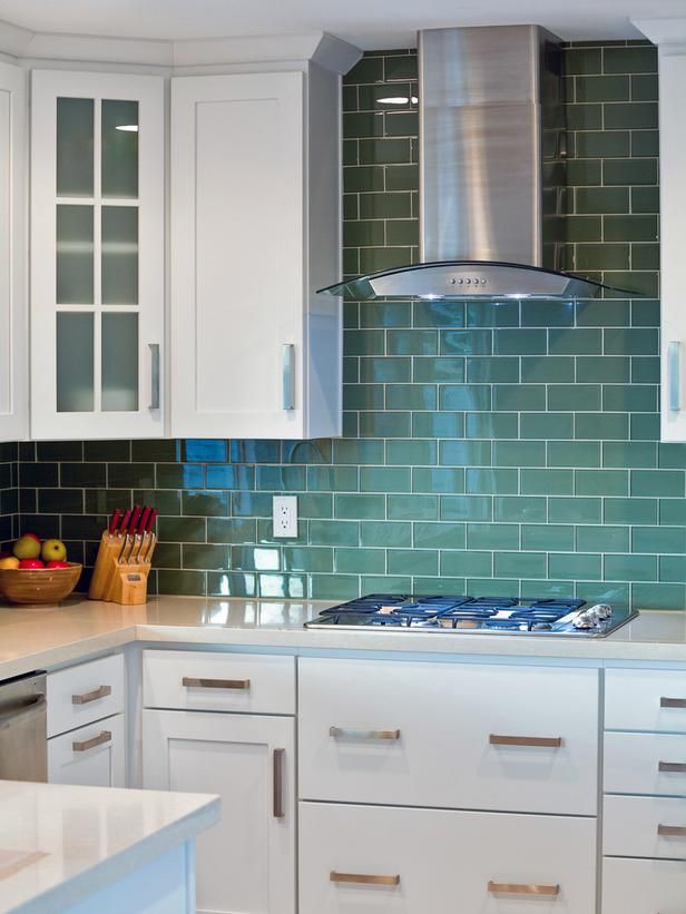 green subway tile kitchen