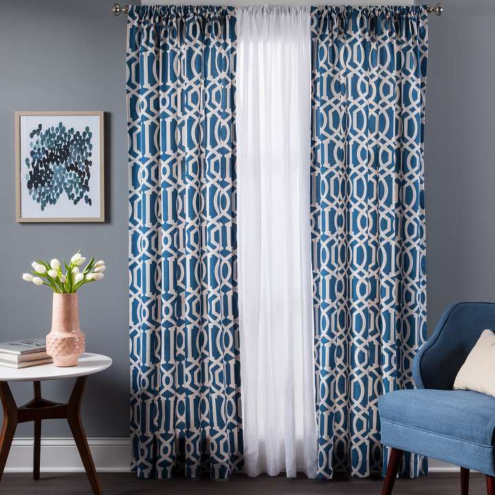 navy blue lattice curtains